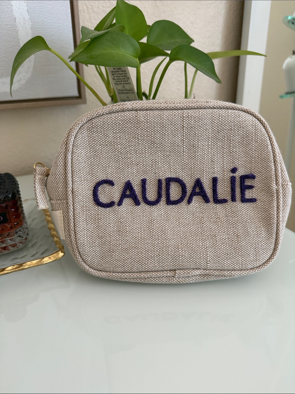 Caudalie Beige Canvas Cosmetic Pouch with Purple Logo New